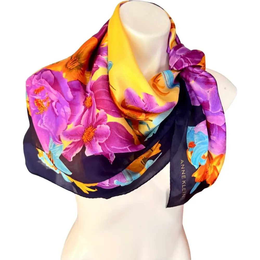 Vintage Anne Klein Silk Floral Scarf NWT 1990s Purple Gold Navy Square 34x34